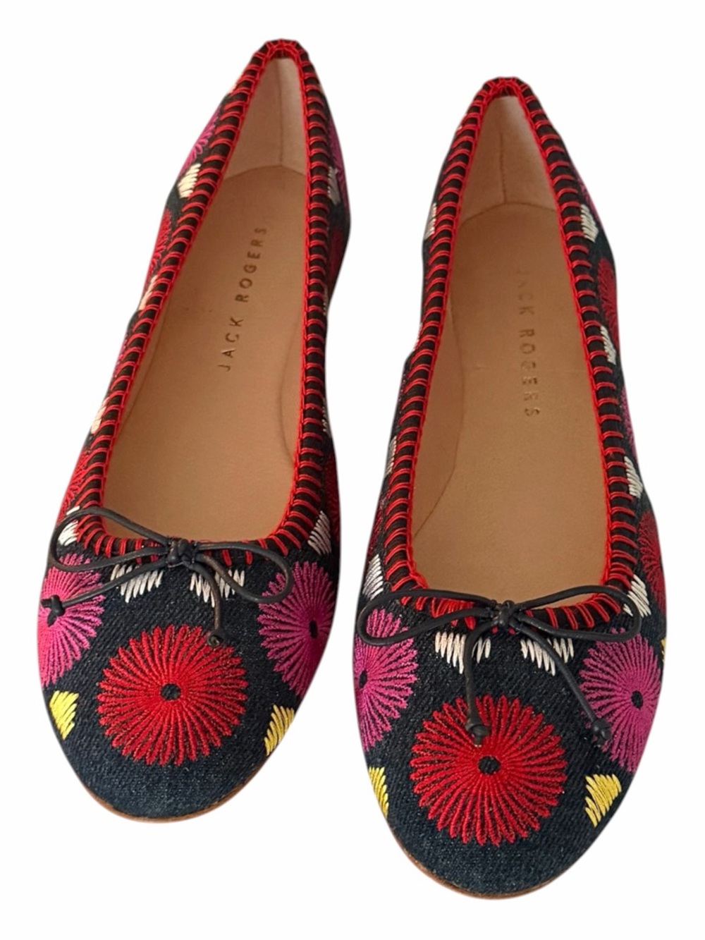 Jack Rogers Bettie Flower Ballet Flats Denim Embroidered Bow NOB Size 6.5